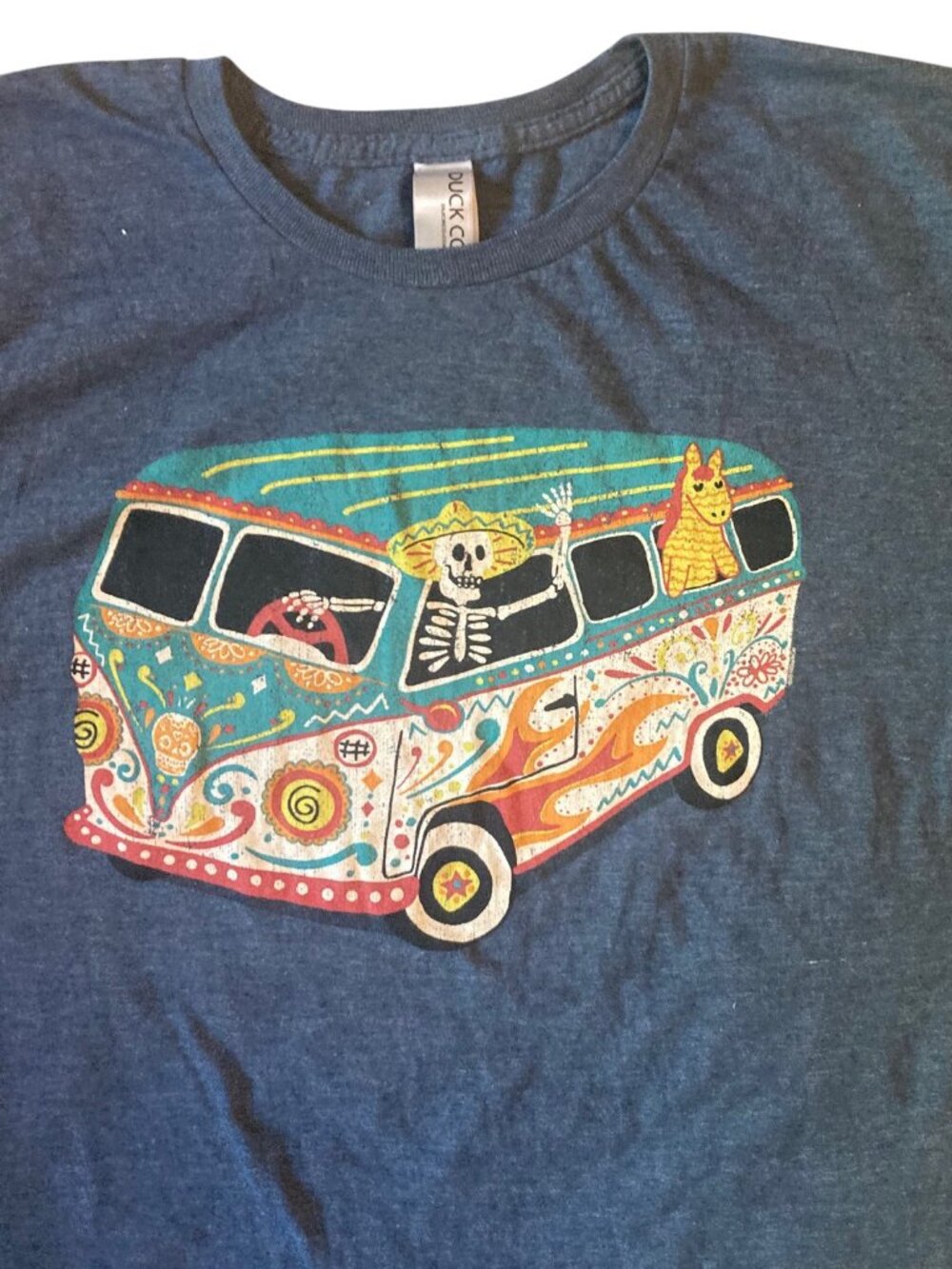 Men's DUCK CO Day of the Dead Skeleton in Hippie Van Graphic T-Shirt Size Large